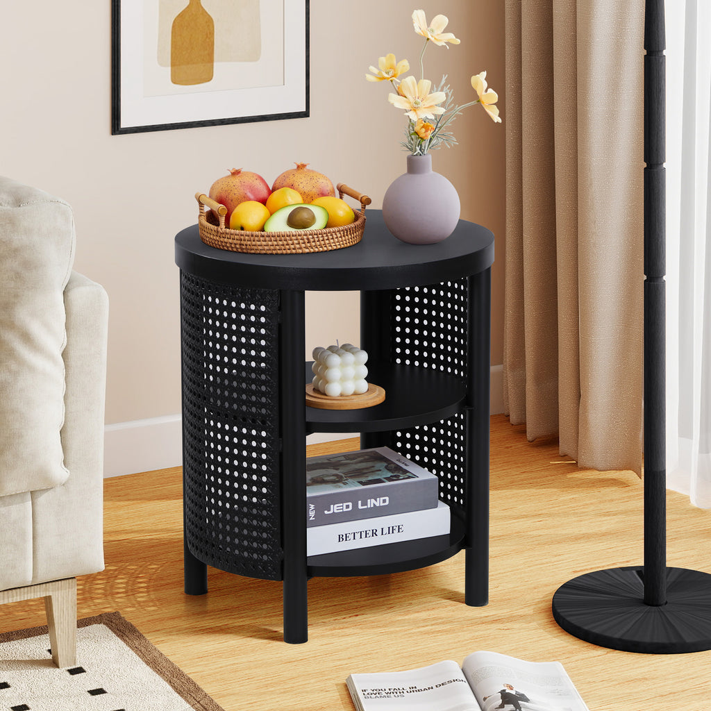 YOCWO Small Round End Table with Open Storage for Small Space, 3 Tier Accent Table Side Table with Iron Rattan Decor