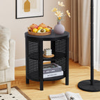 YOCWO Small Round End Table with Open Storage for Small Space, 3 Tier Accent Table Side Table with Iron Rattan Decor