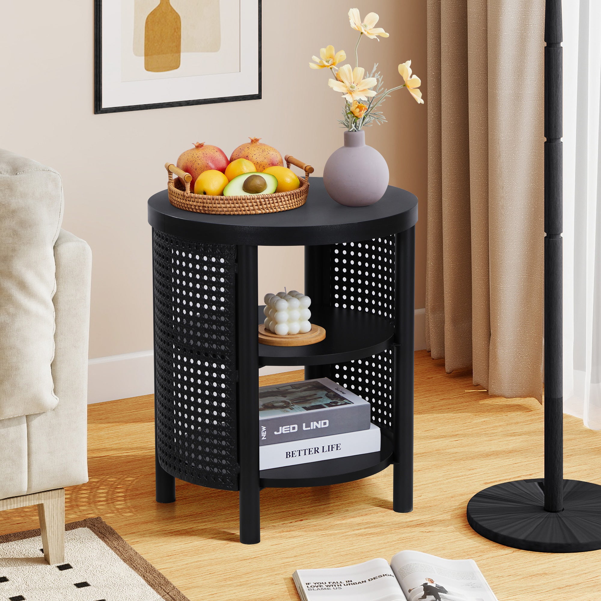 YOCWO Small Round End Table with Open Storage for Small Space, 3 Tier Accent Table Side Table with Iron Rattan Decor