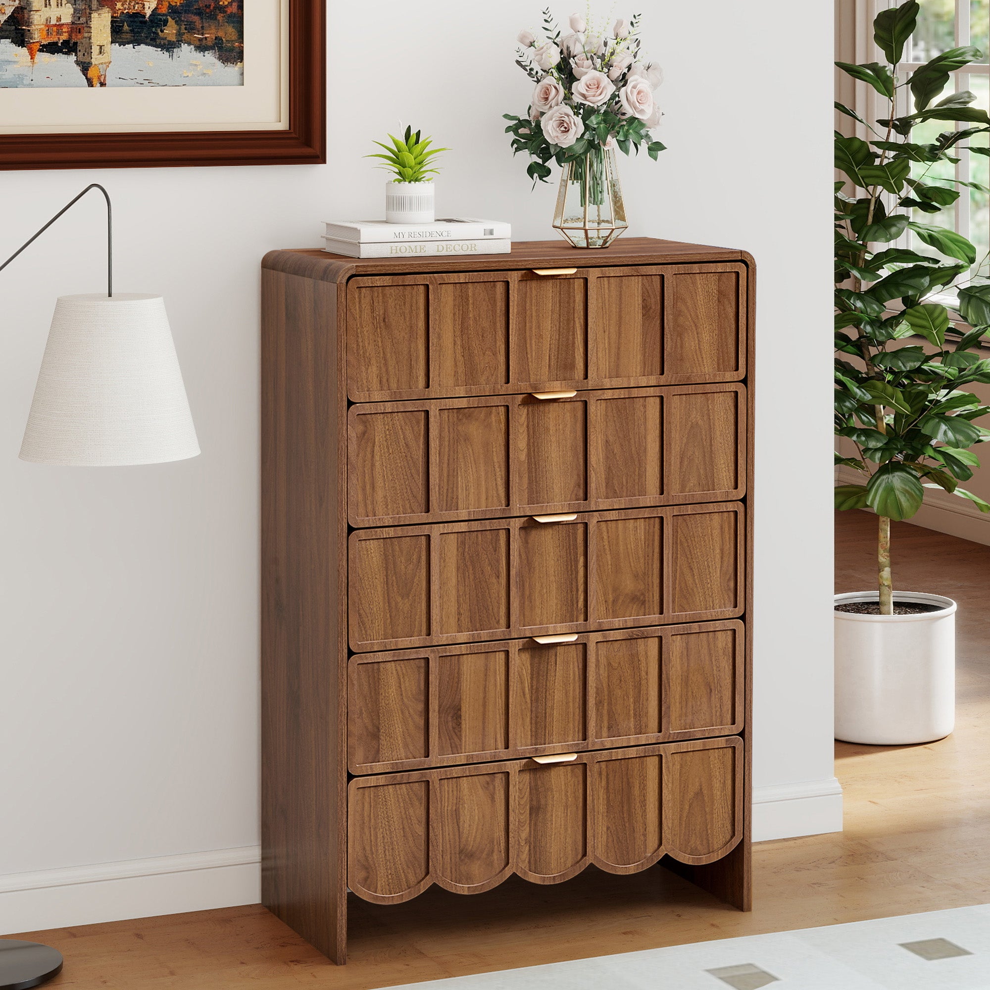YOCWO 5 Drawer Dresser with Wave Panel, Mid Century Tall Storage Dresser Chest of Drawer for Bedroom