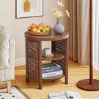 YOCWO Small Round End Table with Open Storage for Small Space, 3 Tier Accent Table Side Table with Iron Rattan Decor