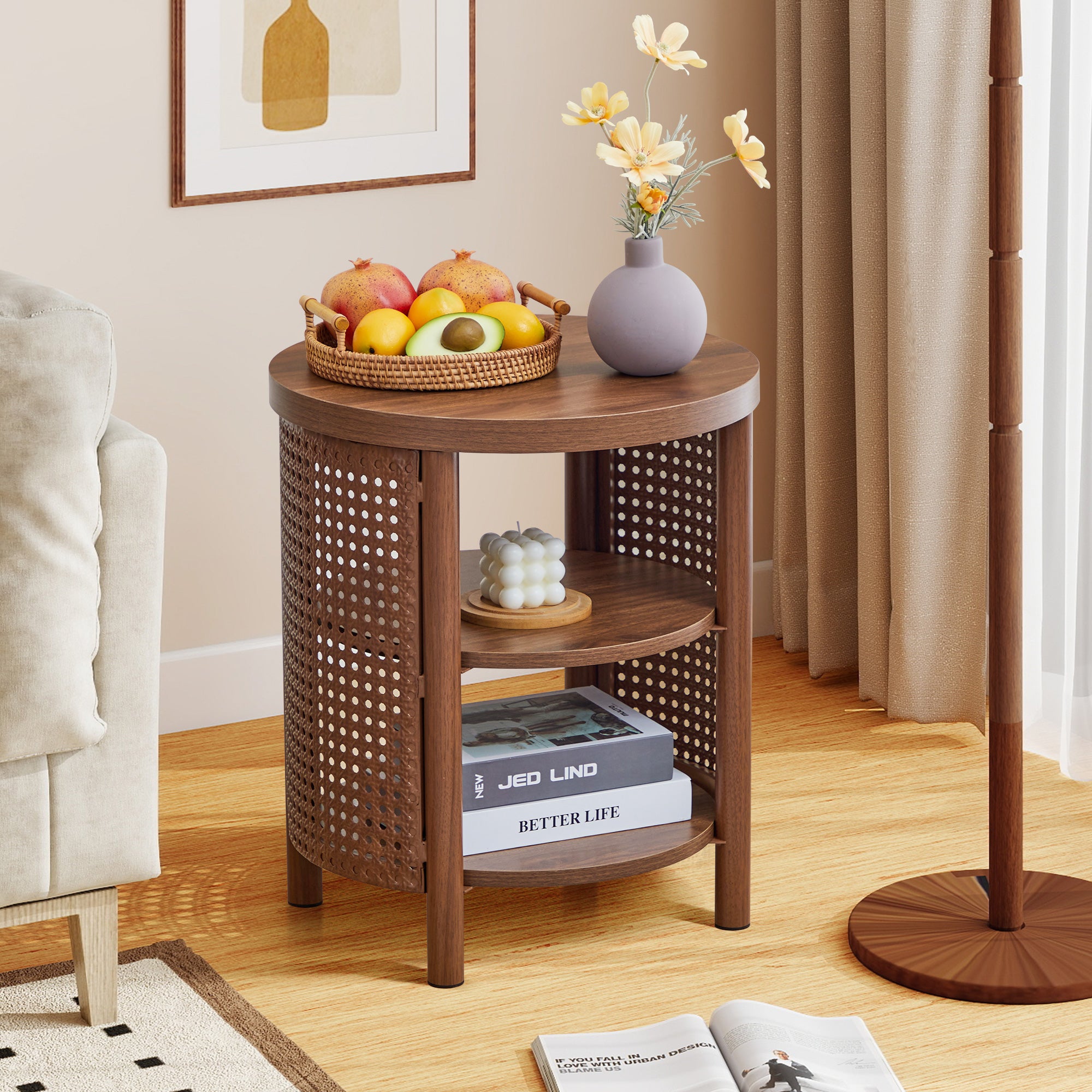 YOCWO Small Round End Table with Open Storage for Small Space, 3 Tier Accent Table Side Table with Iron Rattan Decor