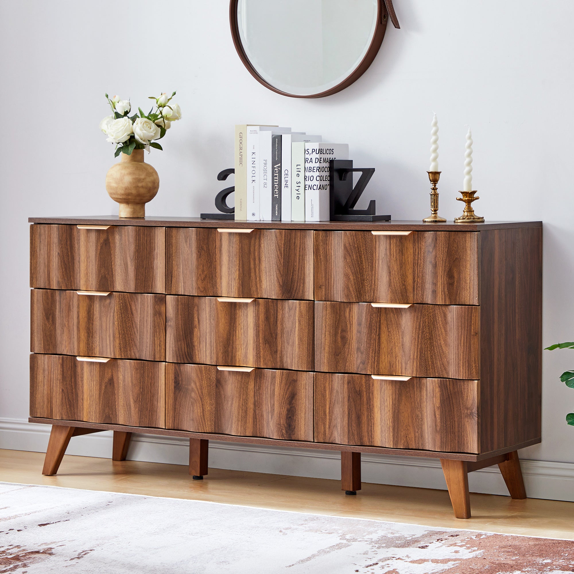 YOCWO 57" Wide 9 Drawer Dresser with Big Wave Pattern for Living Room Bedroom, Mid-Century Wood Large Chest of Drawer with Waveform Fluted Panel