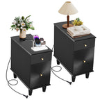 YOCWO Fluted Narrow Nightstand Set of 2 with Charging Station for Bedroom, Wood End Table with Drawer and Door for Living Room
