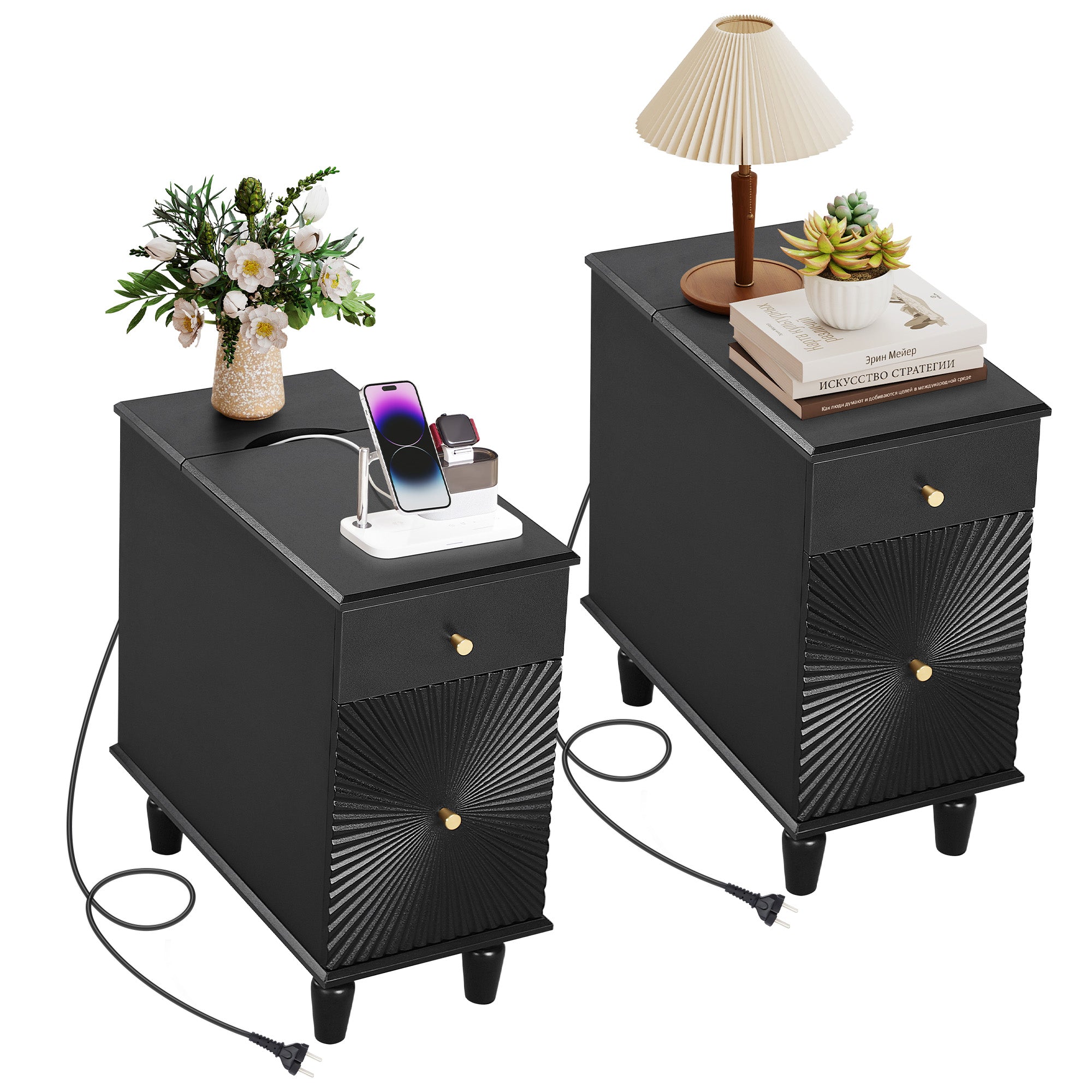 YOCWO Fluted Narrow Nightstand Set of 2 with Charging Station for Bedroom, Wood End Table with Drawer and Door for Living Room