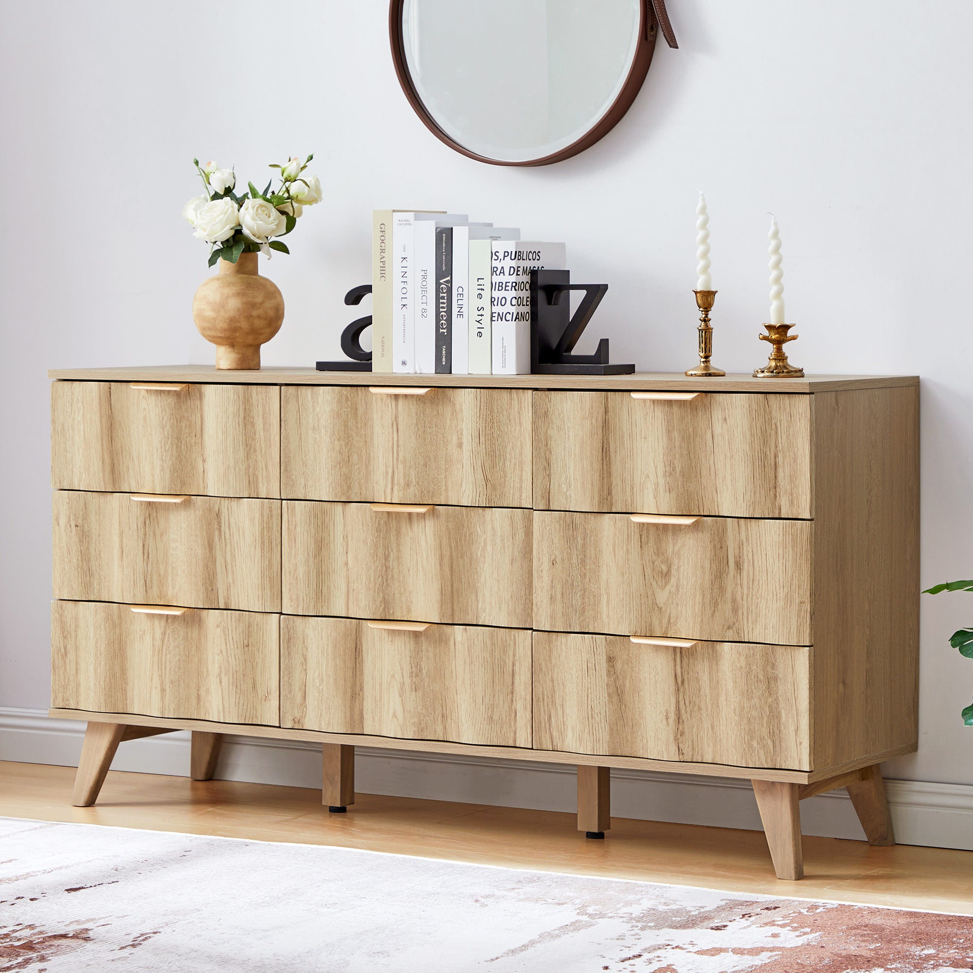 YOCWO 57" Wide 9 Drawer Dresser with Big Wave Pattern for Living Room Bedroom, Mid-Century Wood Large Chest of Drawer with Waveform Fluted Panel