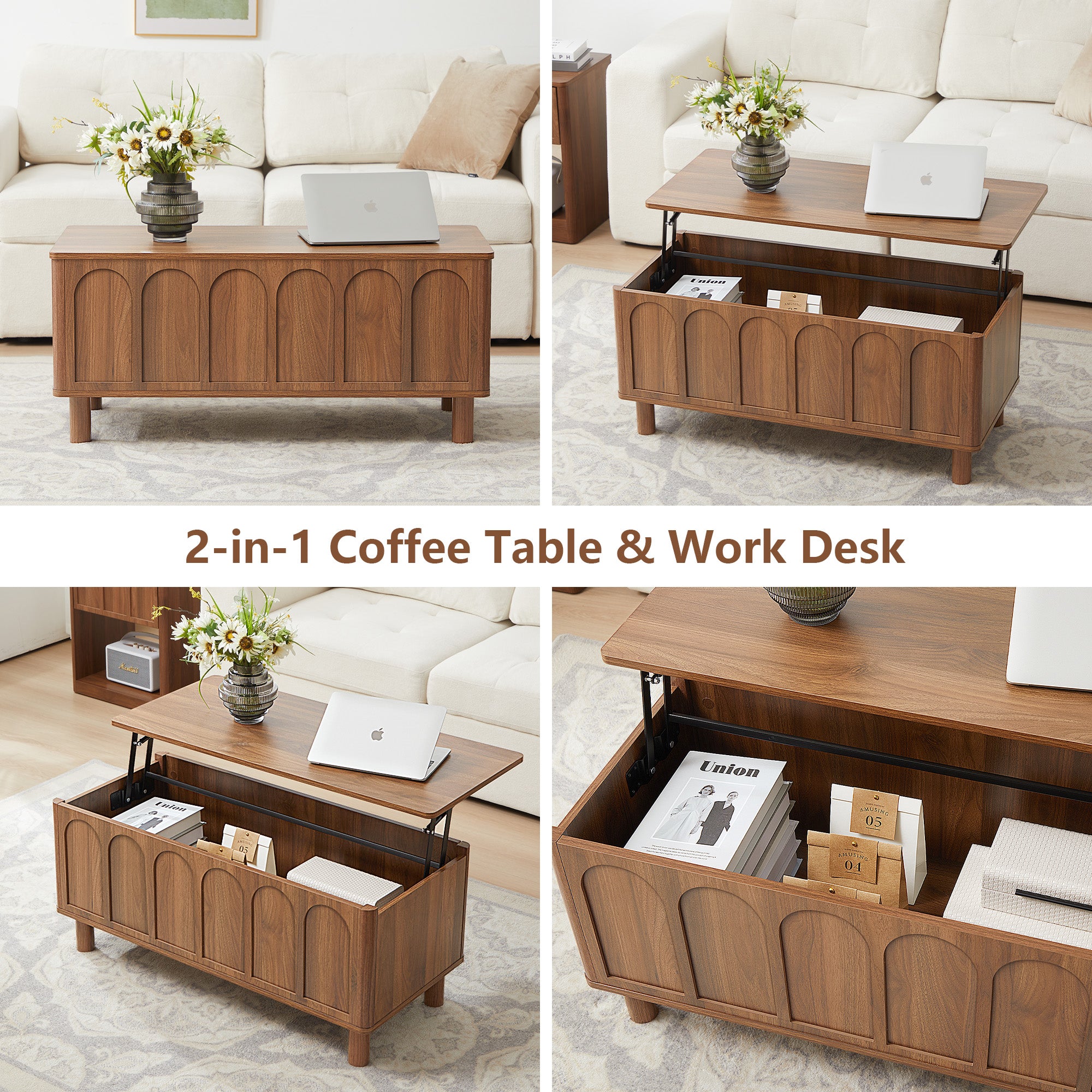 YOCWO Lift Top Coffee Table with Hidden Compartment & Storage Shelve, Arched Fluted Coffee Table for Living Room