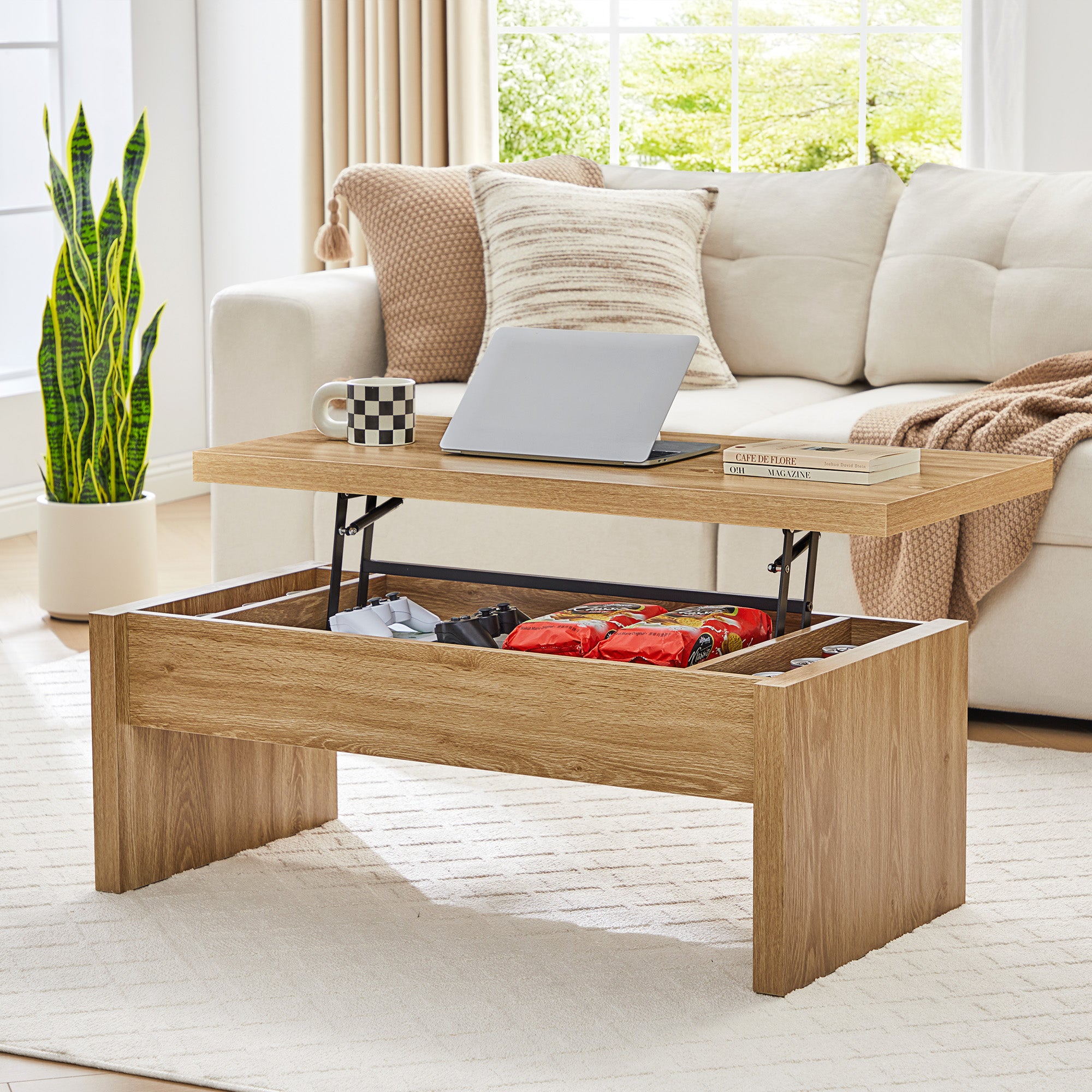 YOCWO Lift Top Coffee Table with Storage, Rectangle Coffee Table with Thicken Wood Table Top and Base