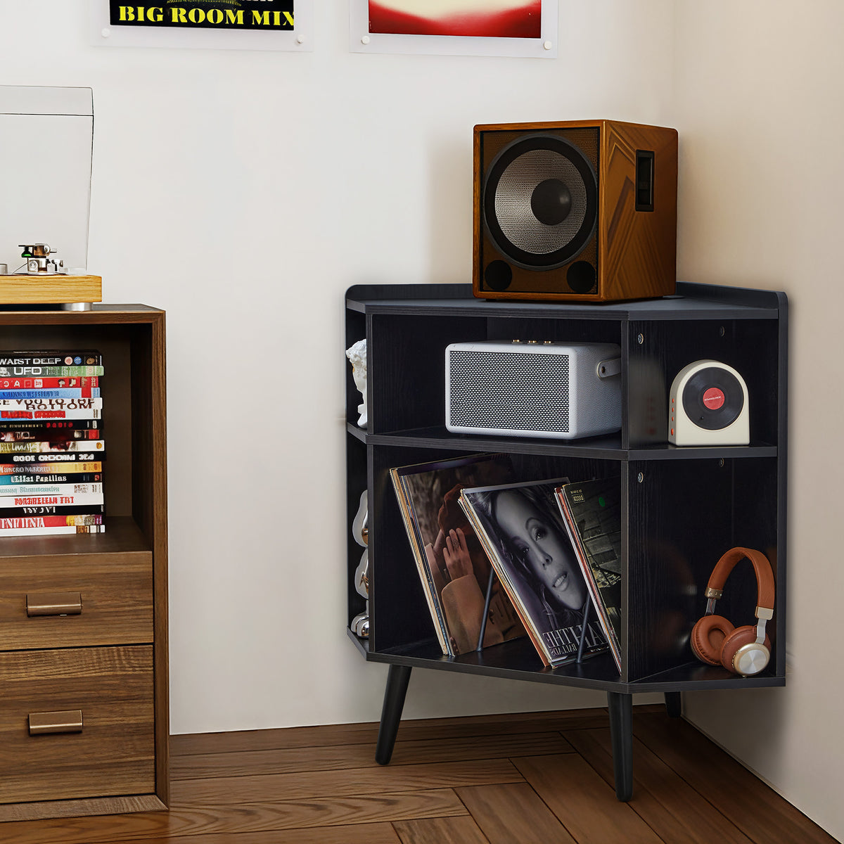 YOCWO Triangle Record Player Stand with Charging Station, Turntable Stand Table Holds Max 200 Albums, Corner Vinyl Record Storage Cabinet with Wood Legs for Living Room Bedroom Office