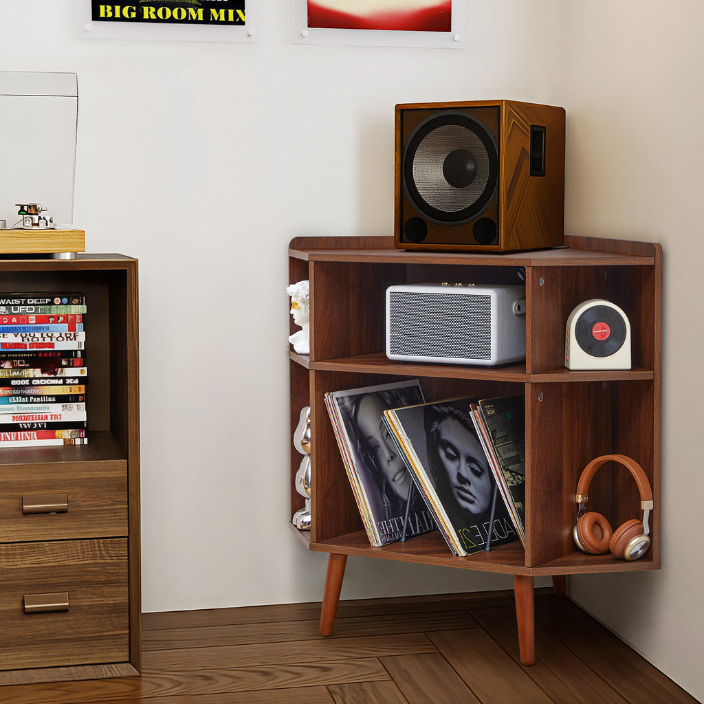 YOCWO Triangle Record Player Stand with Charging Station, Turntable Stand Table Holds Max 200 Albums, Corner Vinyl Record Storage Cabinet with Wood Legs for Living Room Bedroom Office