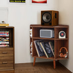 YOCWO Triangle Record Player Stand with Charging Station, Turntable Stand Table Holds Max 200 Albums, Corner Vinyl Record Storage Cabinet with Wood Legs for Living Room Bedroom Office