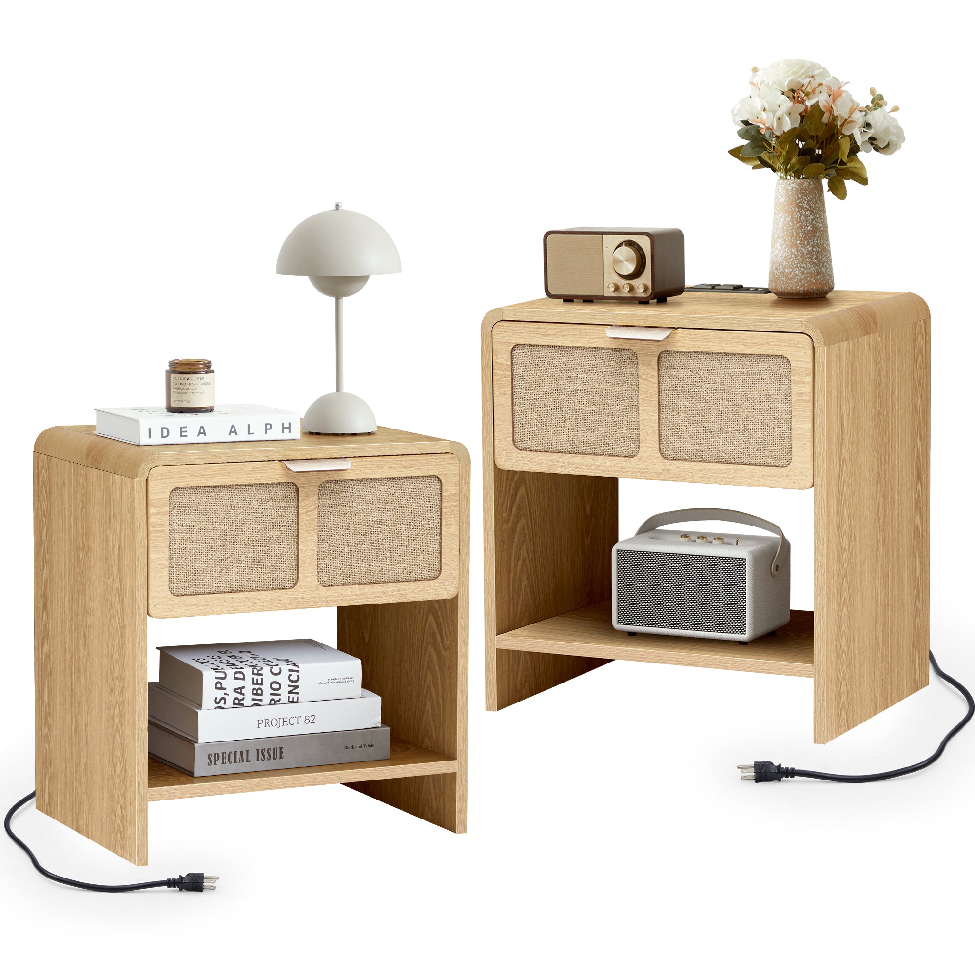 YOCWO Nightstand with Charging Station for Bedroom Set of 2 , Linen Bedside Table Set of 2 with Drawers