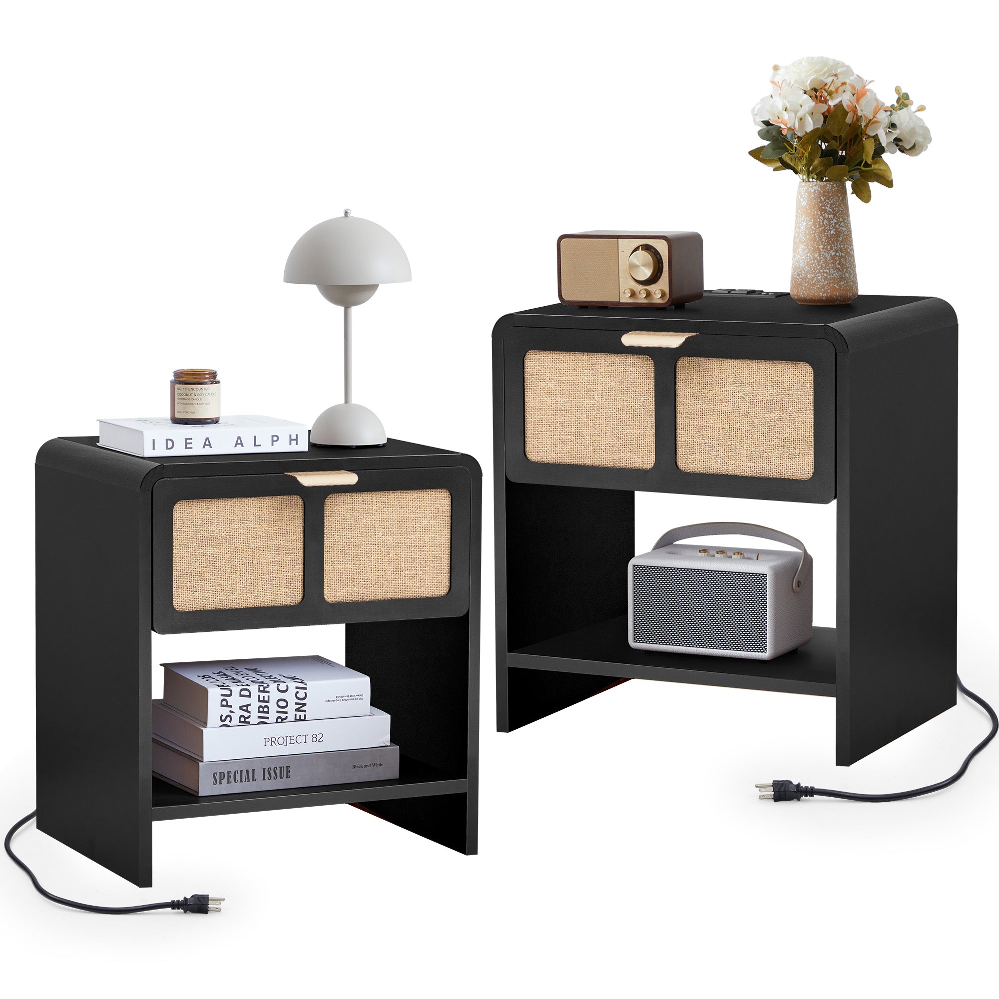 YOCWO Nightstand with Charging Station for Bedroom Set of 2 , Linen Bedside Table Set of 2 with Drawers