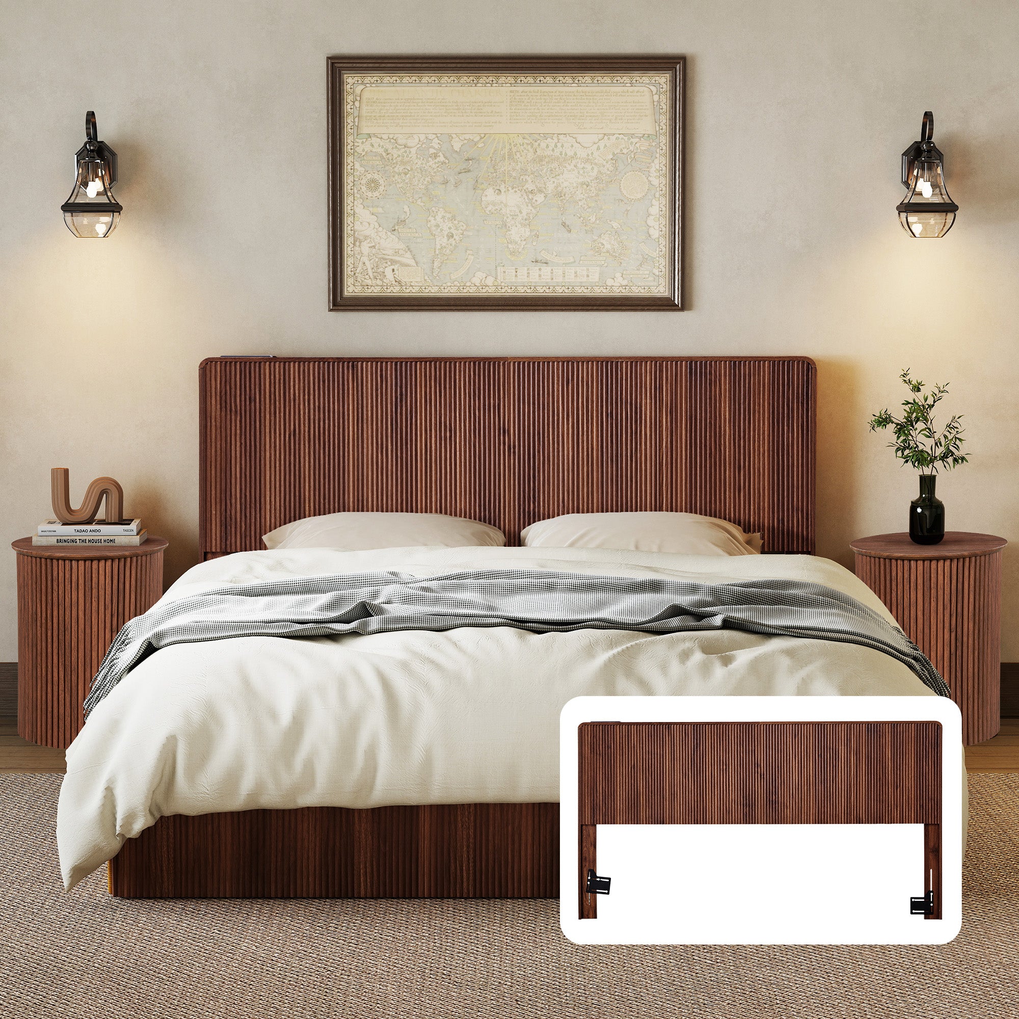 YOCWO Headboard for King Size Bed with Charging Station, Fluted Grooved Panel Head Board with Rounded Corners, Walnut, Headboard Only(Bed Frame Not Included)