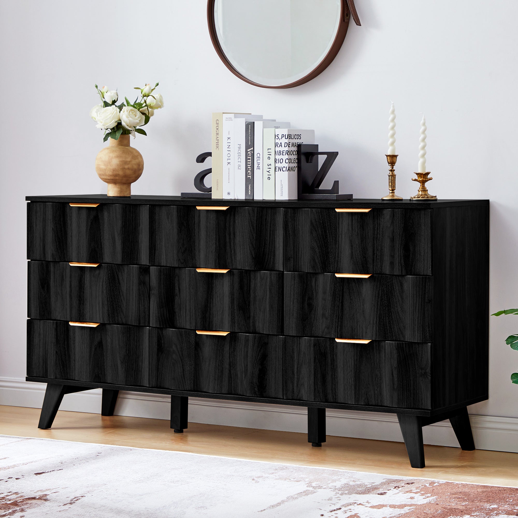 YOCWO 57" Wide 9 Drawer Dresser with Big Wave Pattern for Living Room Bedroom, Mid-Century Wood Large Chest of Drawer with Waveform Fluted Panel