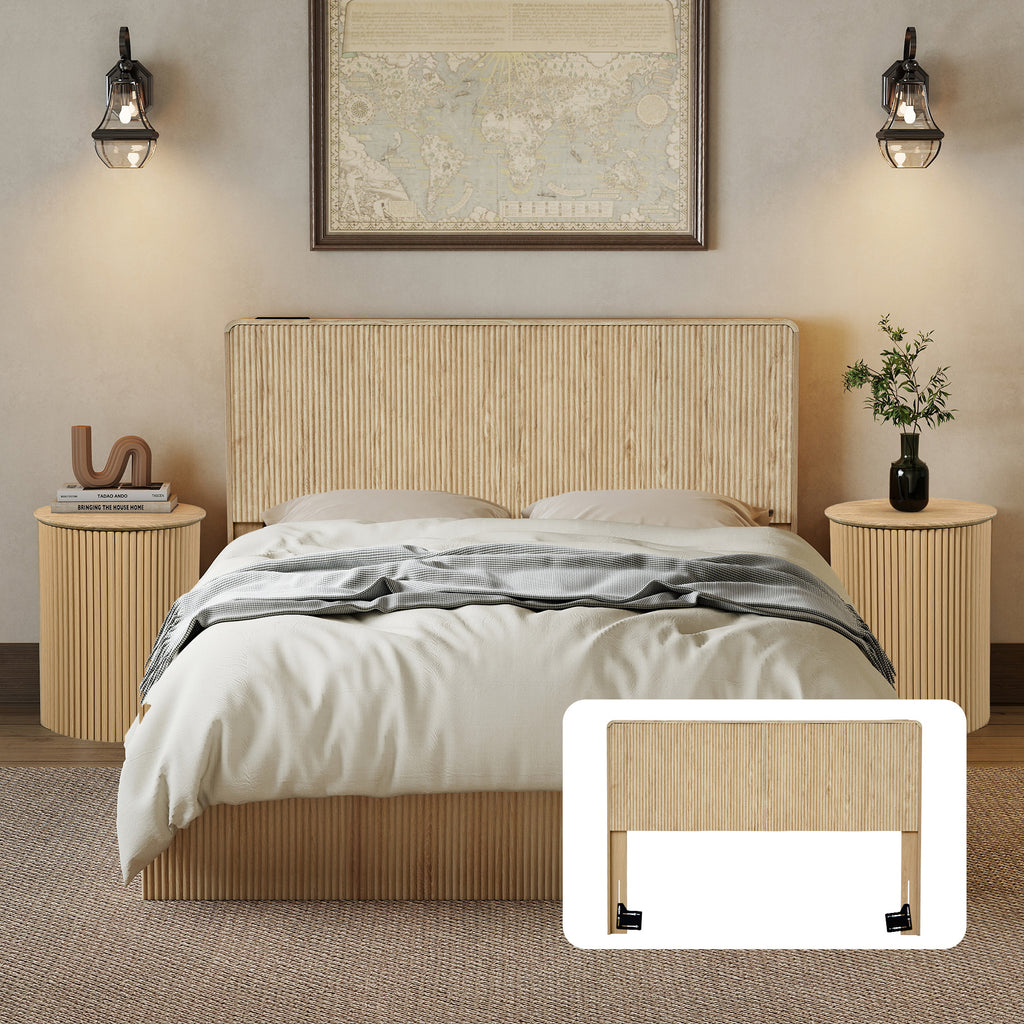 YOCWO Headboard for King Size Bed with Charging Station, Fluted Grooved Panel Head Board with Rounded Corners, Walnut, Headboard Only(Bed Frame Not Included)