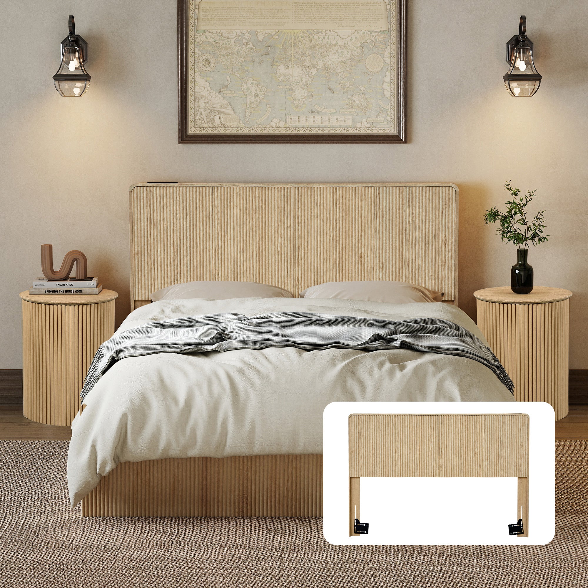 YOCWO Headboard for King Size Bed with Charging Station, Fluted Grooved Panel Head Board with Rounded Corners, Walnut, Headboard Only(Bed Frame Not Included)