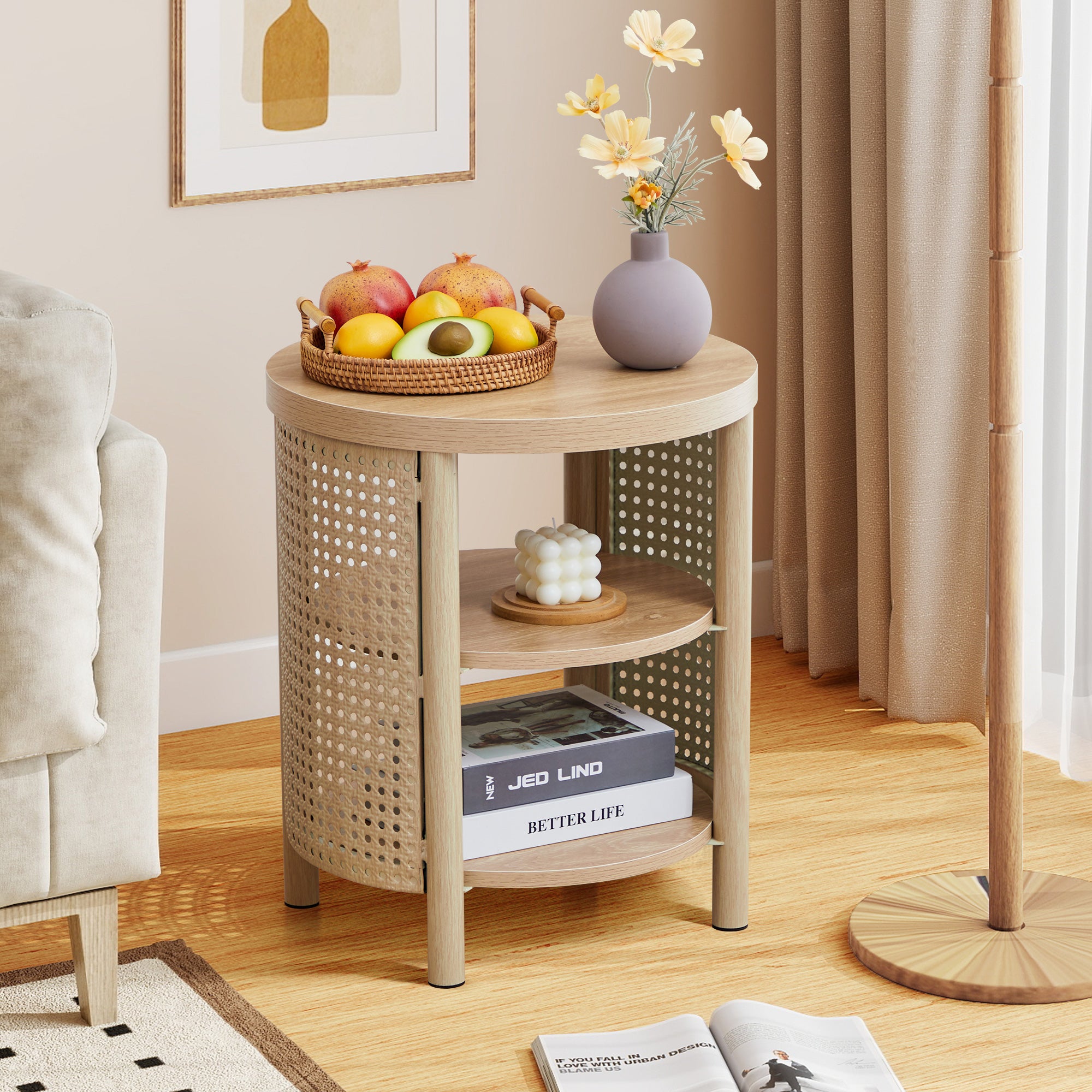 YOCWO Small Round End Table with Open Storage for Small Space, 3 Tier Accent Table Side Table with Iron Rattan Decor