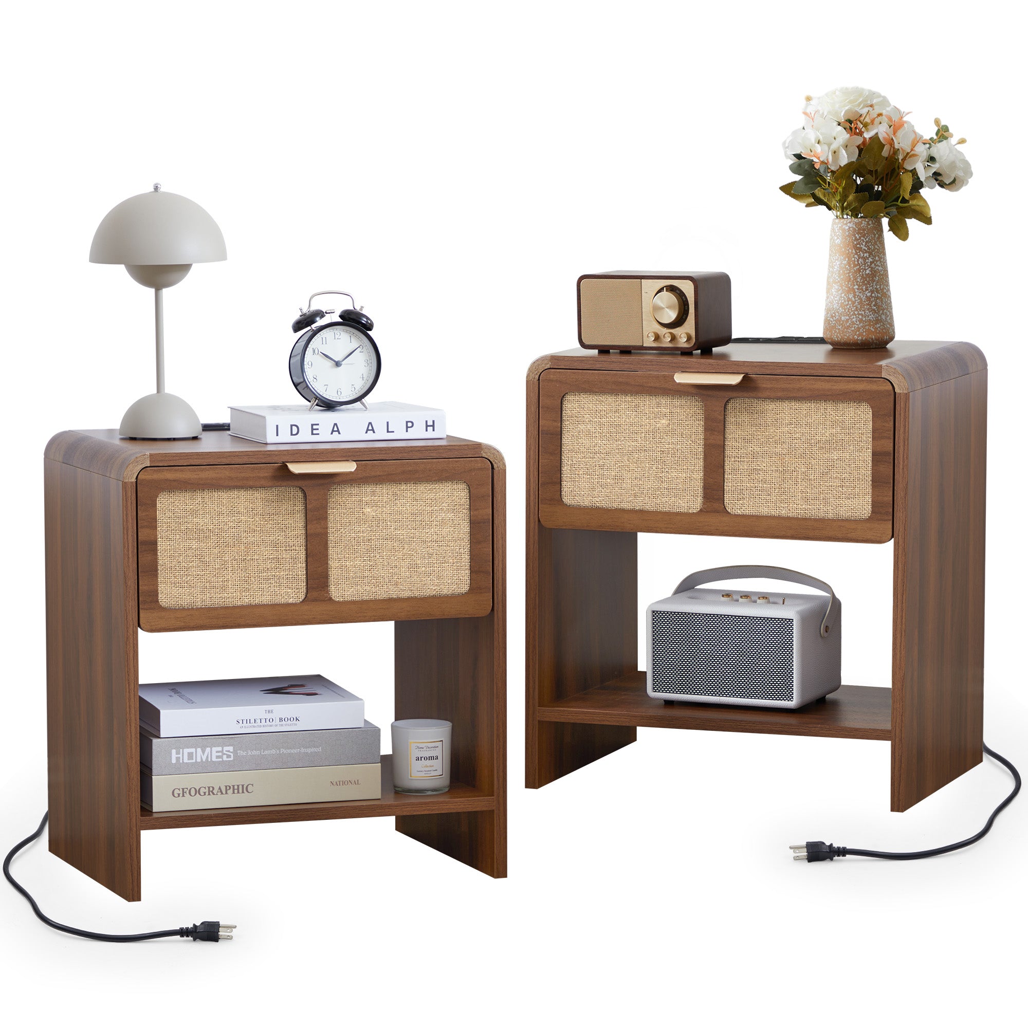 YOCWO Nightstand with Charging Station for Bedroom Set of 2 , Linen Bedside Table Set of 2 with Drawers