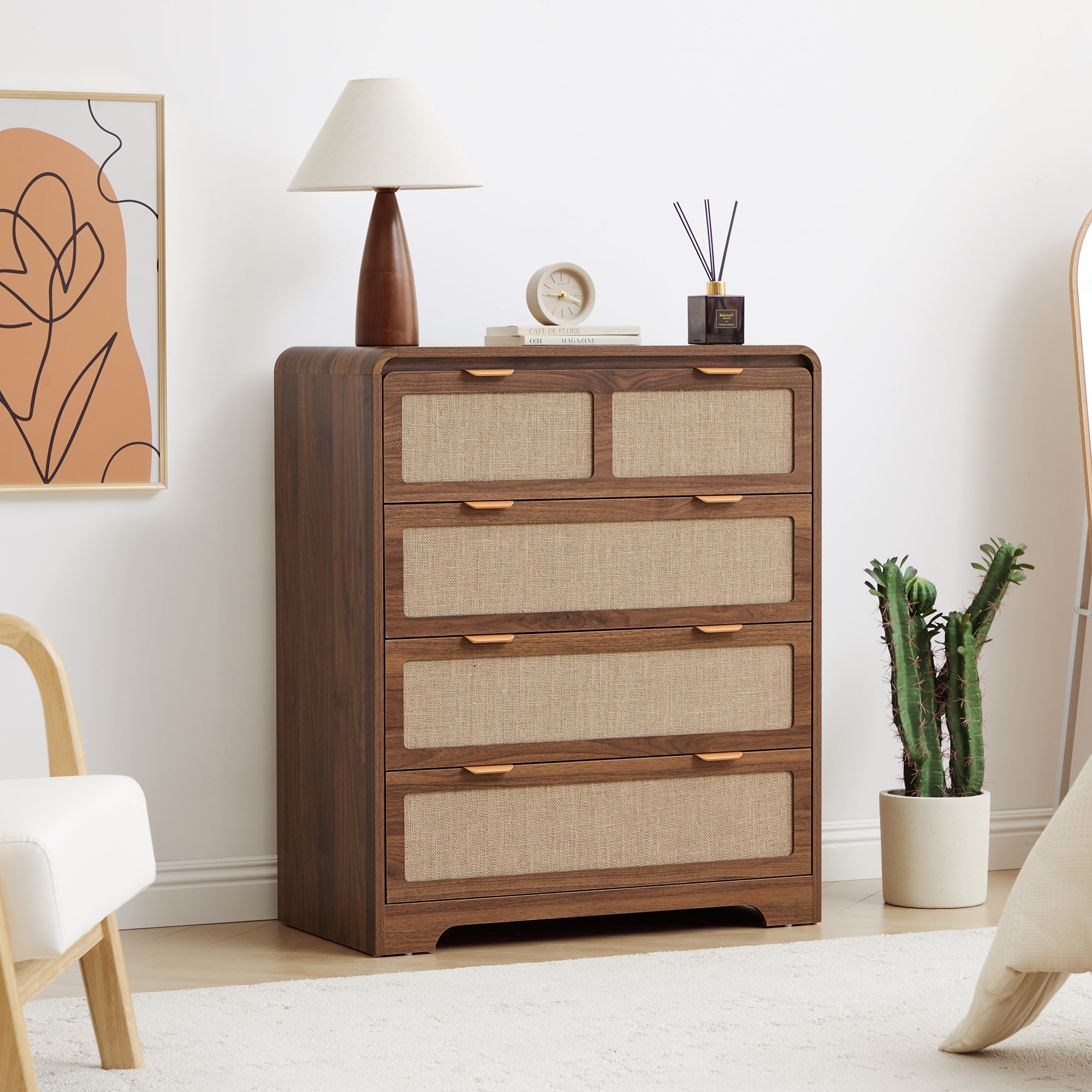 YOCWO Farmhouse 4 Drawer Linen Dresser for Bedroom, Chest of Drawers with Curved Edge, Wood Storage Large Dresser Organizer for Bedroom Living Room Hallway Closet