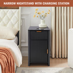 YOCWO Fluted Narrow Nightstand Set of 2 with Charging Station for Bedroom, Wood End Table with Drawer and Door for Living Room