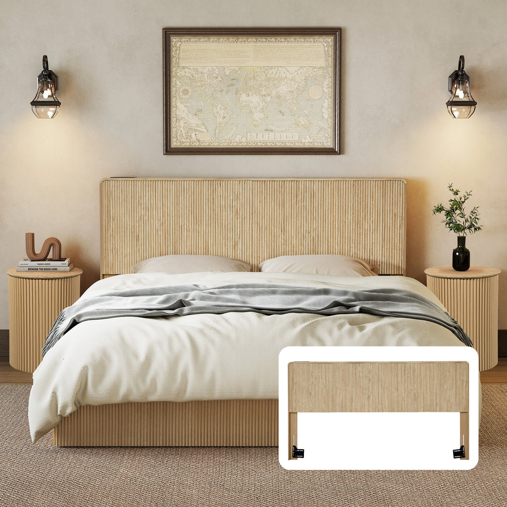 YOCWO Headboard for King Size Bed with Charging Station, Fluted Grooved Panel Head Board with Rounded Corners, Walnut, Headboard Only(Bed Frame Not Included)