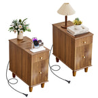 YOCWO Fluted Narrow Nightstand Set of 2 with Charging Station for Bedroom, Wood End Table with Drawer and Door for Living Room
