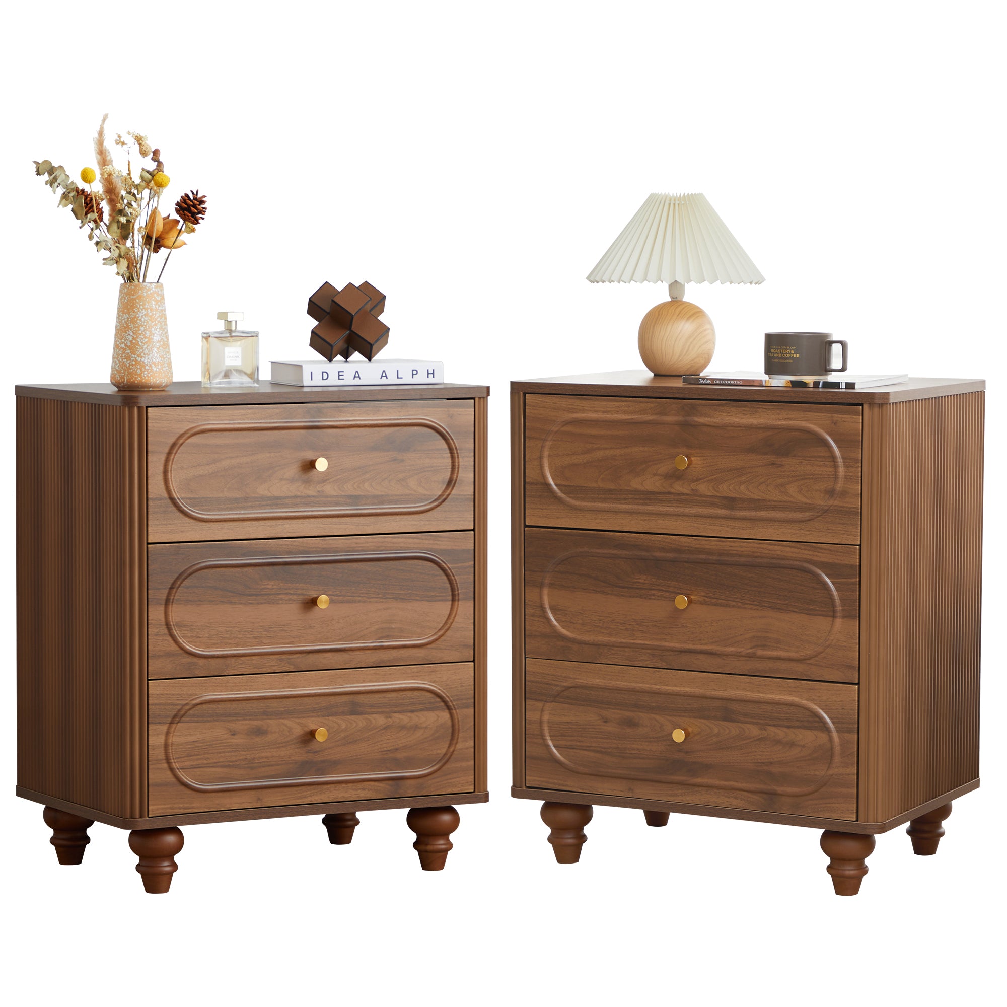 YOCWO 3 Drawer Nightstand for Bedroom Set of 2, Classic Chest of Drawers with Arc Edge