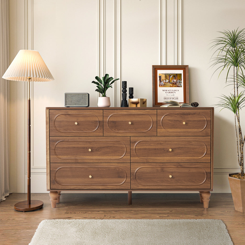 YOCWO 7 Drawer Fluted Dresser for Bedroom, Mid Century Chest of Drawers with Arc Edge, Wood Storage Large Dresser Organizer for Bedroom Living Room Hallway Closet