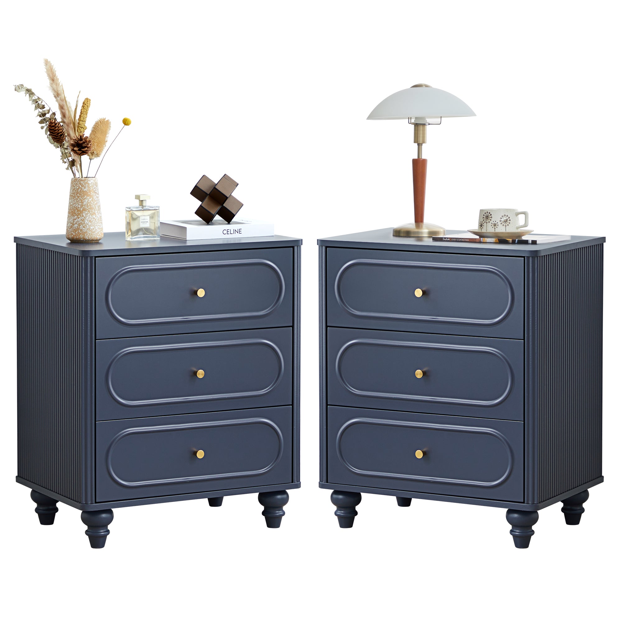 YOCWO 3 Drawer Nightstand for Bedroom Set of 2, Classic Chest of Drawers with Arc Edge