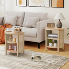 YOCWO Small Round End Table Set of 2 with Open Storage for Small Space, 3 Tier Accent Table Side Table with Iron Rattan Decor