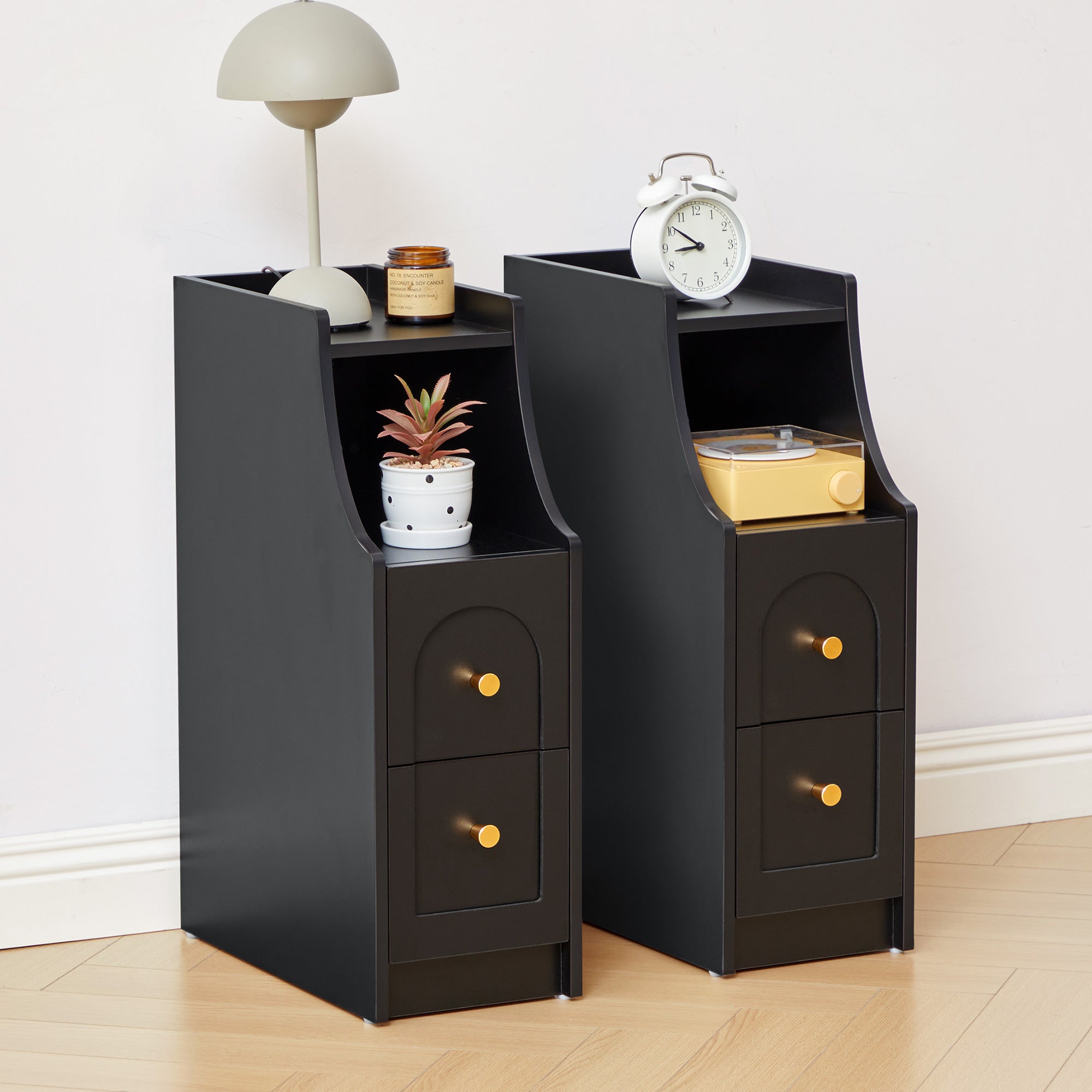 7.87" Ultra Narrow Nightstand with 2 Drawer and Charging Station, Slim End Table Bedside Table for Bedroom with Open Shelf