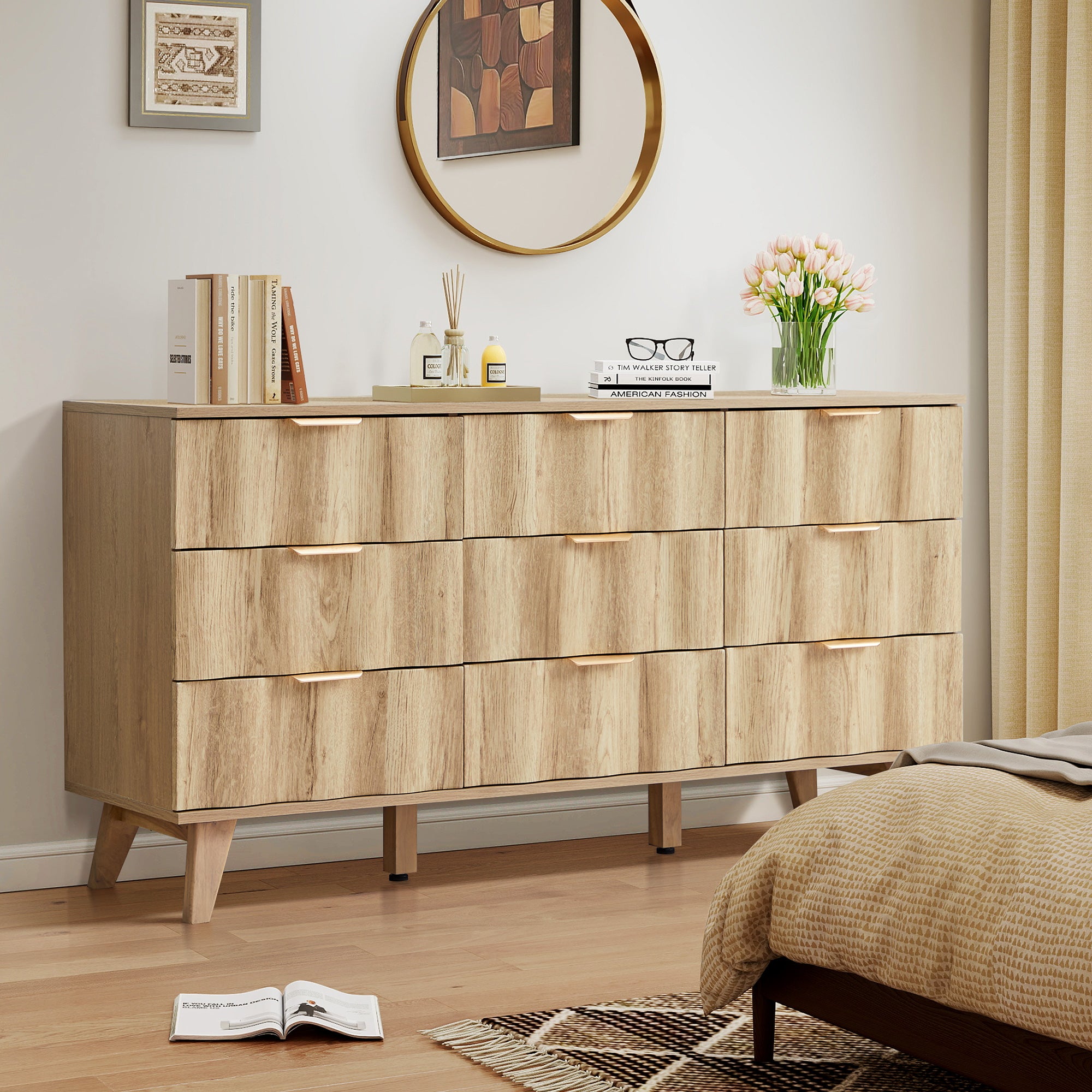 YOCWO 57" Wide 9 Drawer Dresser with Big Wave Pattern for Living Room Bedroom, Mid-Century Wood Large Chest of Drawer with Waveform Fluted Panel
