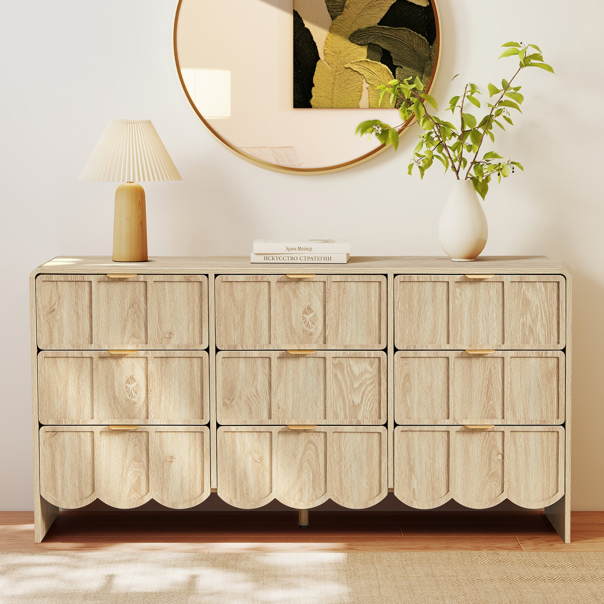 YOCWO 9 Drawer Dresser with Wave Panel, Mid Century Storage Dresser Chest of Drawer for Bedroom
