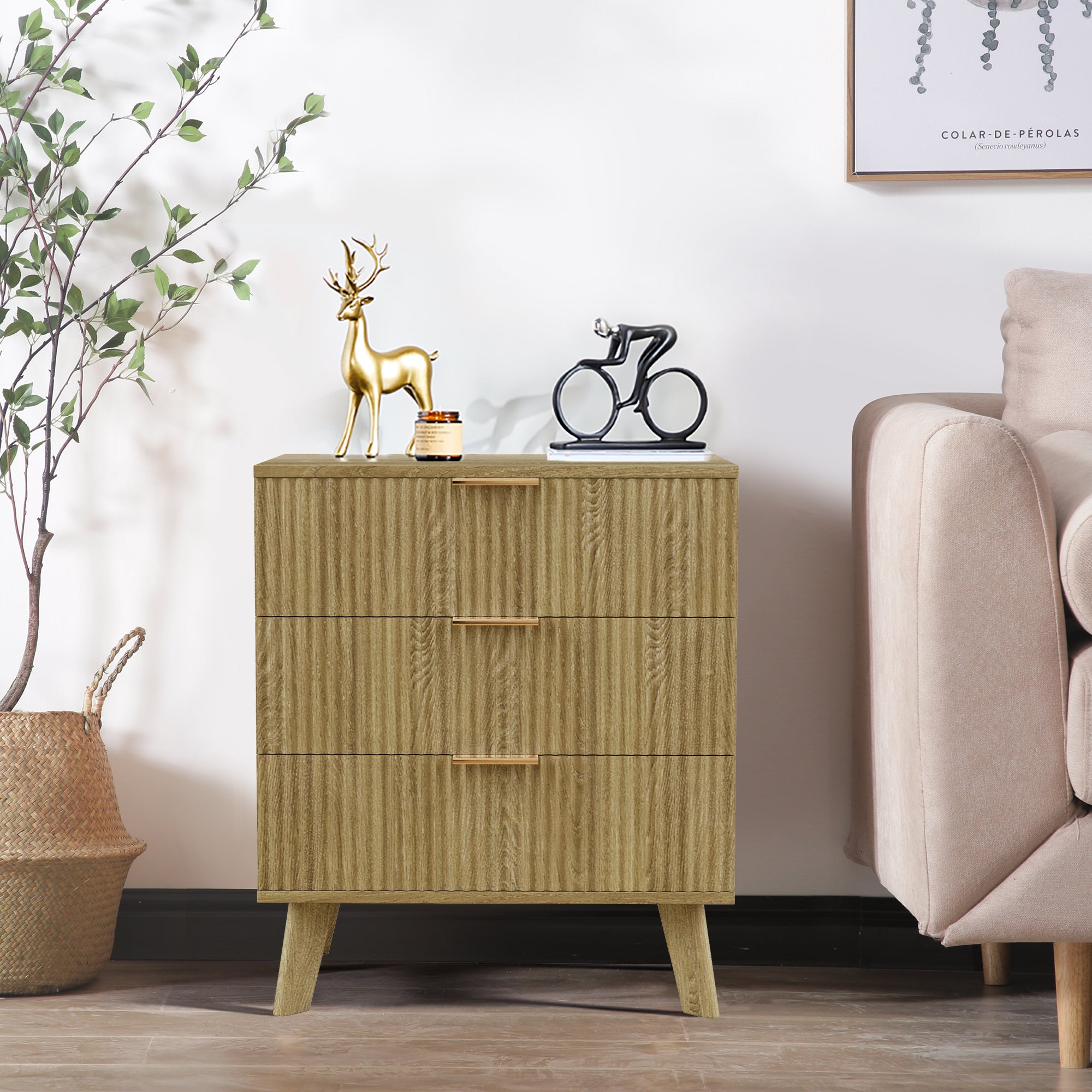 3 Drawer Fluted Nightstand, Wood Chest of Drawer for Bedroom