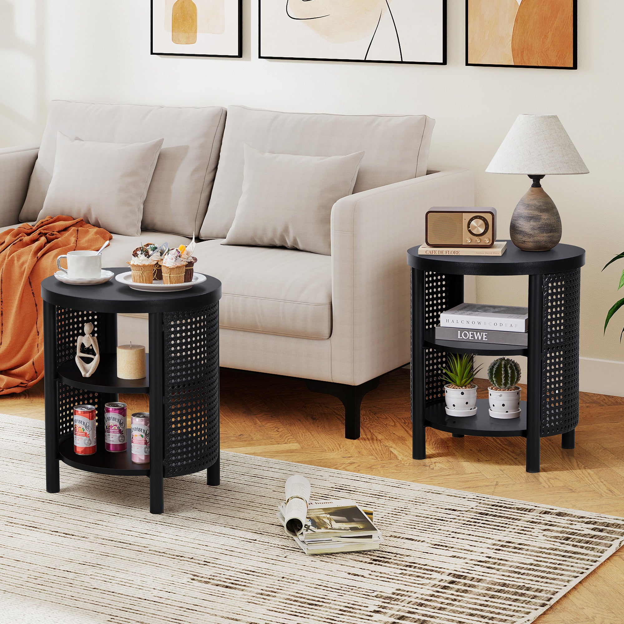YOCWO Small Round End Table with Open Storage for Small Space, 3 Tier Accent Table Side Table with Iron Rattan Decor