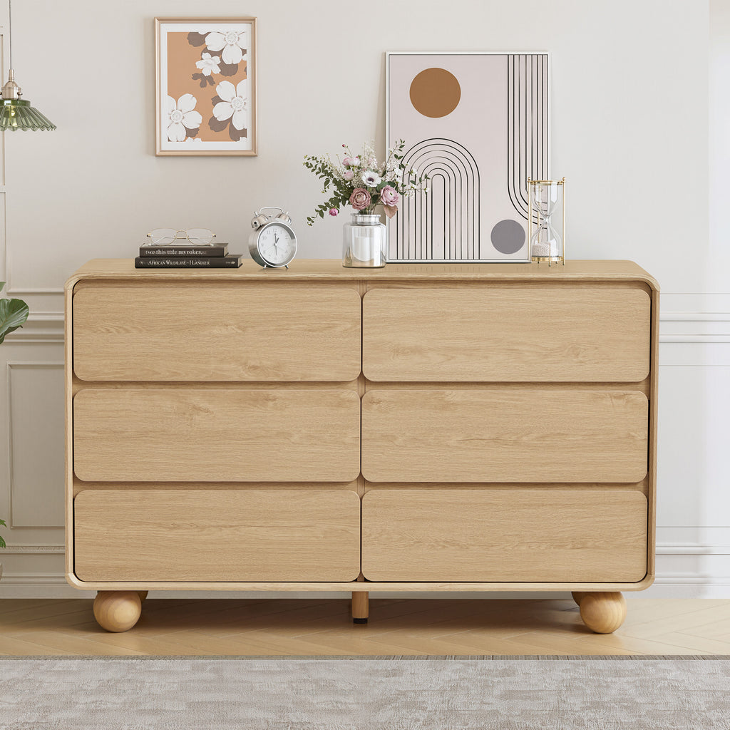 YOCWO 6 Drawer Dresser for Bedroom, Mid Century Chest of Drawers with Arc Edge and Round Leg, Wood Storage Large Dresser Organizer for Bedroom Living Room Hallway Closet