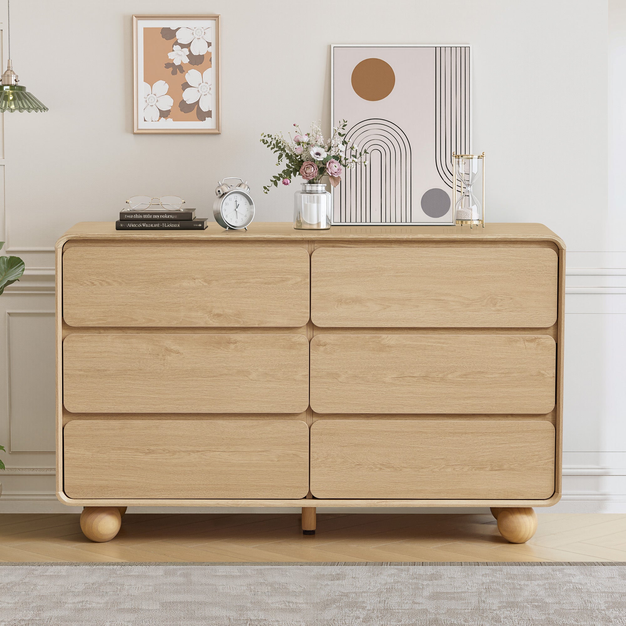 YOCWO 6 Drawer Dresser for Bedroom, Mid Century Chest of Drawers with Arc Edge and Round Leg, Wood Storage Large Dresser Organizer for Bedroom Living Room Hallway Closet
