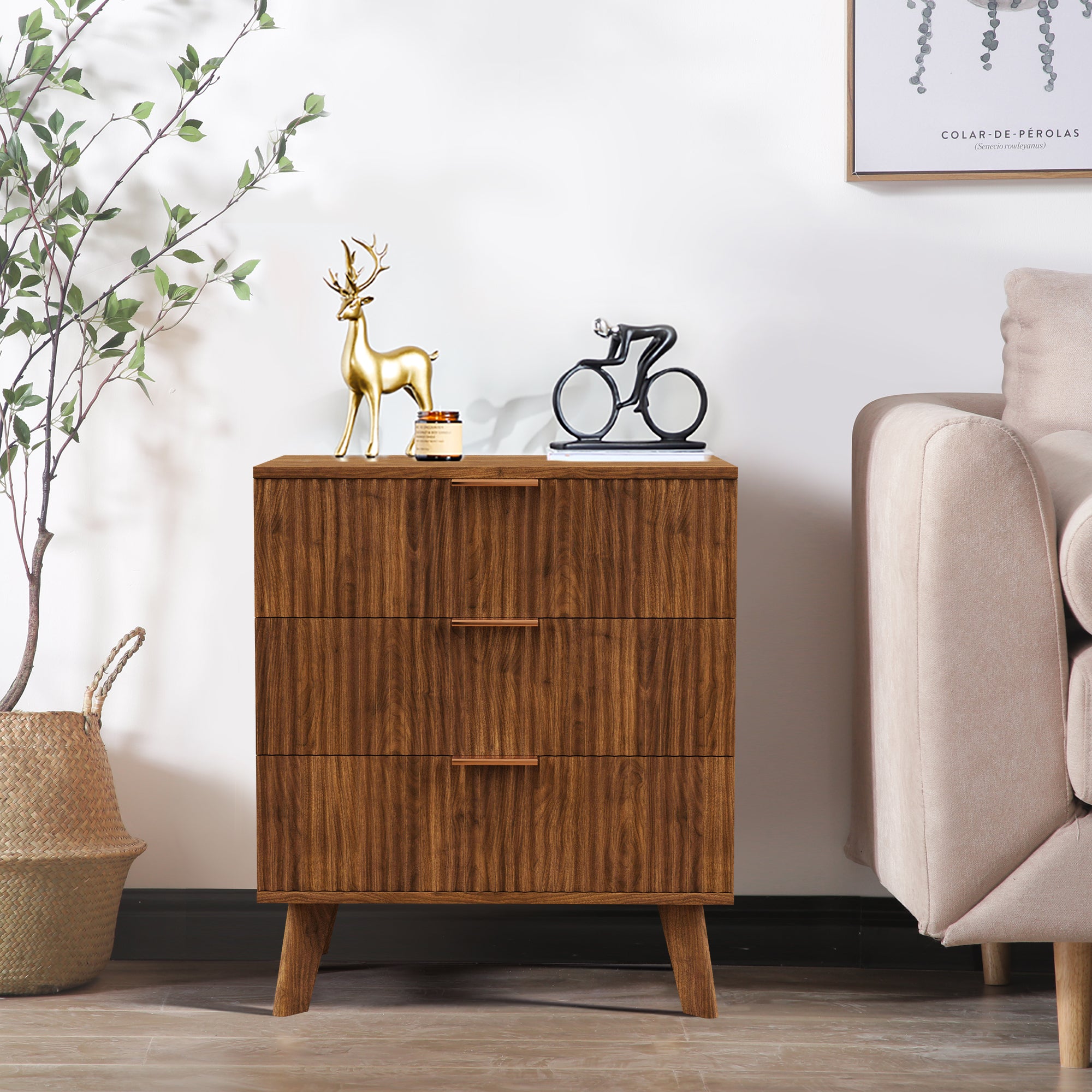 3 Drawer Fluted Nightstand, Wood Chest of Drawer for Bedroom
