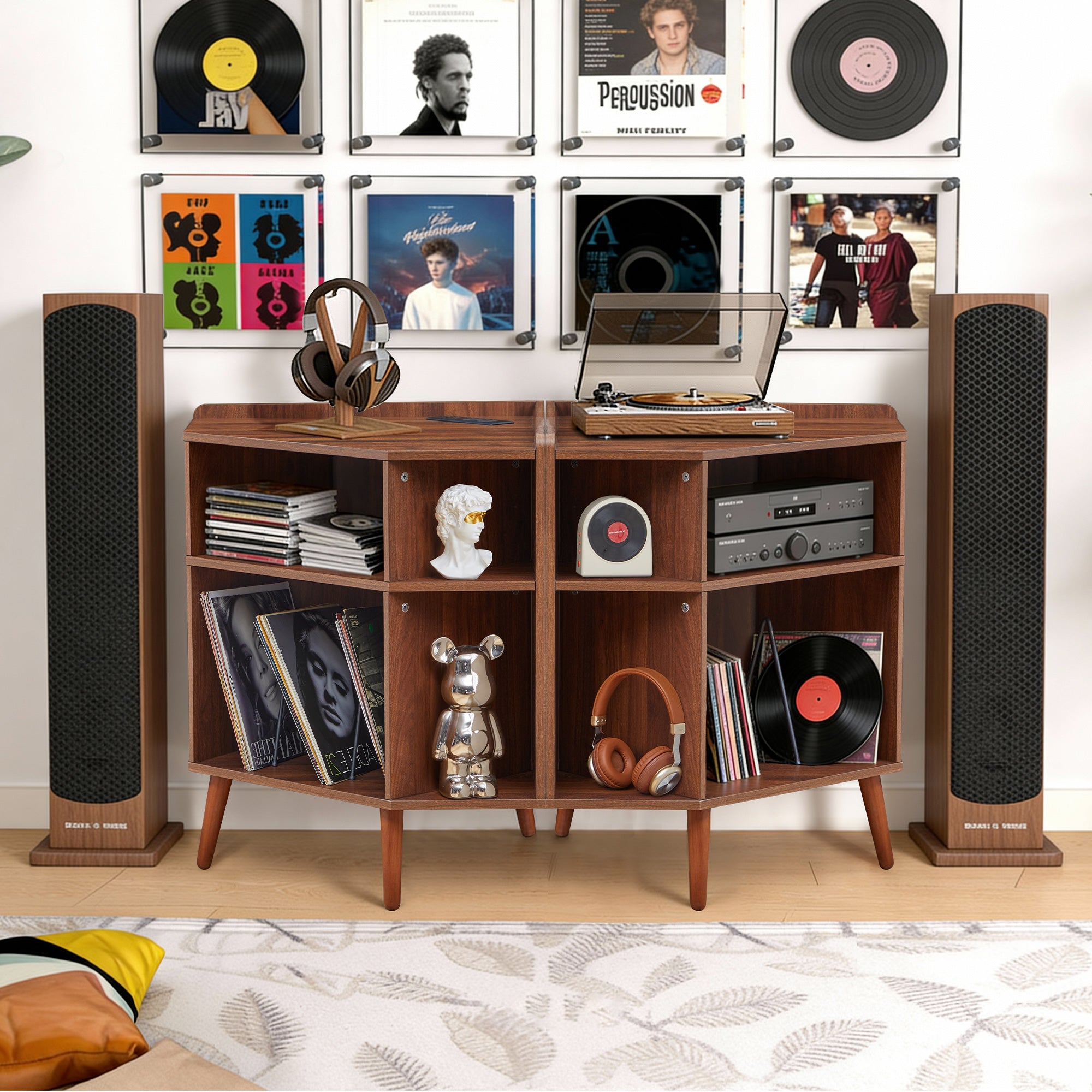 YOCWO Triangle Record Player Stand with Charging Station, Turntable Stand Table Holds Max 200 Albums, Corner Vinyl Record Storage Cabinet with Wood Legs for Living Room Bedroom Office