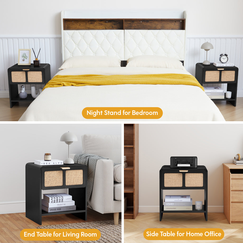 YOCWO Nightstand with Charging Station for Bedroom Set of 2 , Linen Bedside Table Set of 2 with Drawers