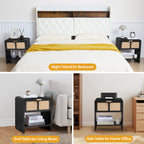 YOCWO Nightstand with Charging Station for Bedroom Set of 2 , Linen Bedside Table Set of 2 with Drawers
