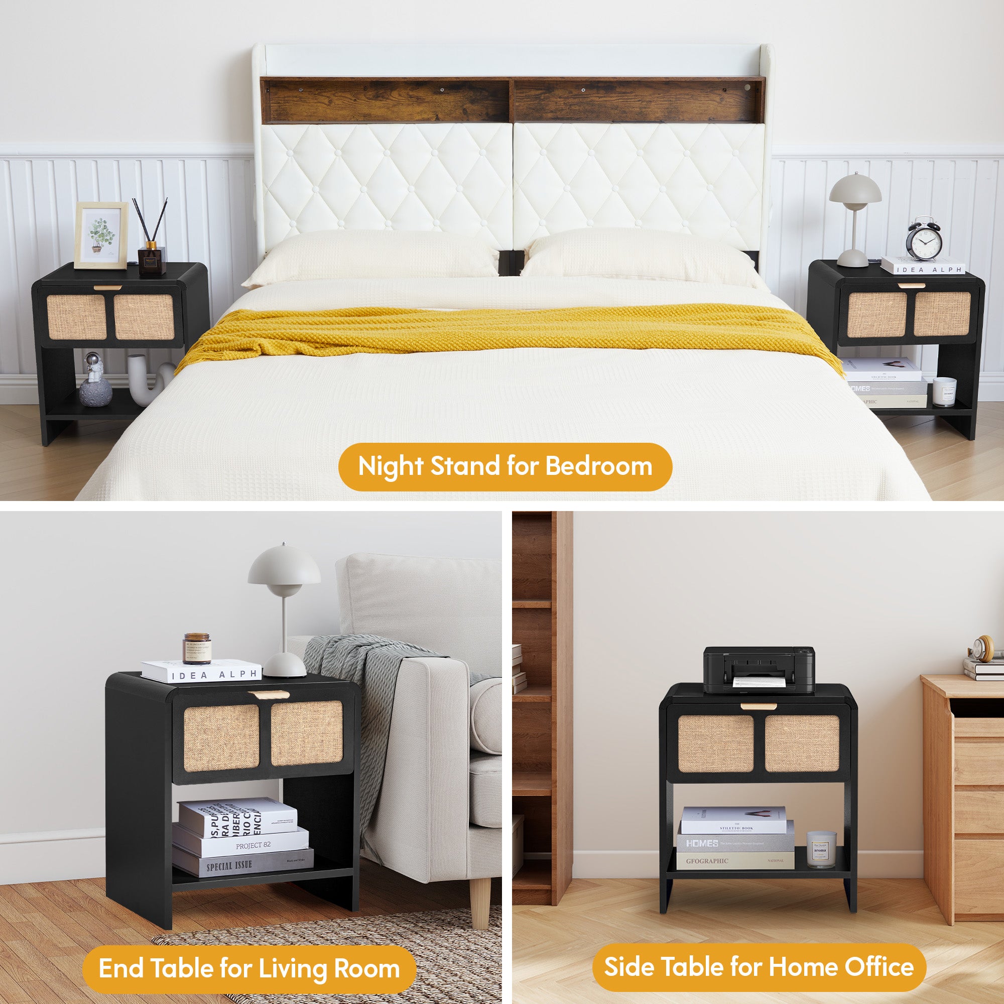 YOCWO Nightstand with Charging Station for Bedroom Set of 2 , Linen Bedside Table Set of 2 with Drawers