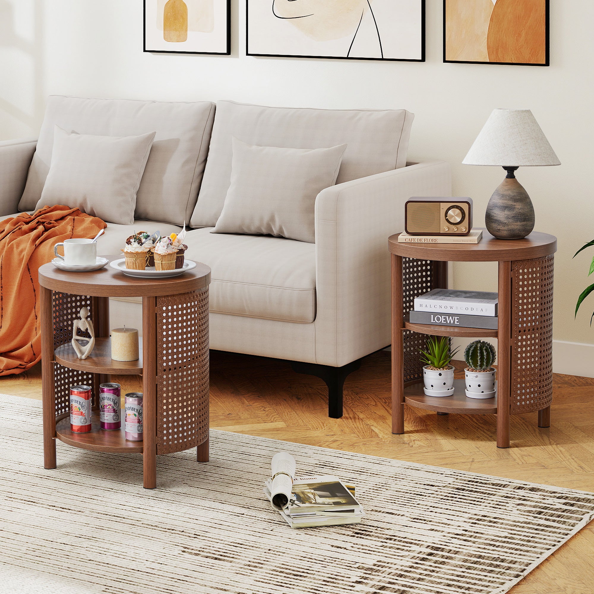 YOCWO Small Round End Table Set of 2 with Open Storage for Small Space, 3 Tier Accent Table Side Table with Iron Rattan Decor