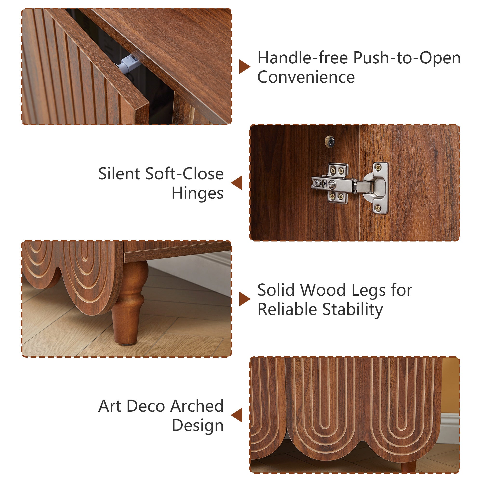 YOCWO Sideboard and Buffets with Wave Carved Line Design, Mid Century Buffet Storage Cabinet with 4 Doors and Adjustable Shelves, Accent Cabinet for Living Room Kitchen Entryway, Walnut