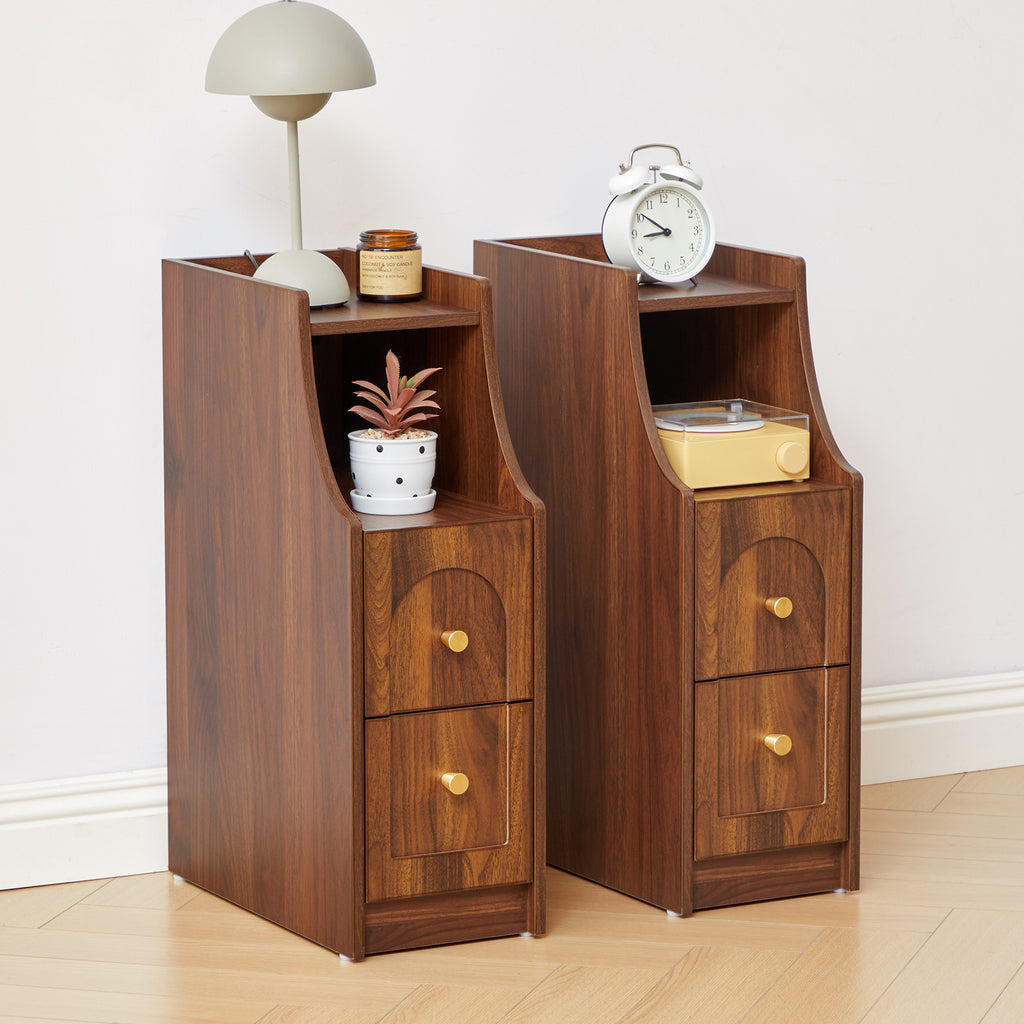7.87" Ultra Narrow Nightstand with 2 Drawer and Charging Station, Slim End Table Bedside Table for Bedroom with Open Shelf