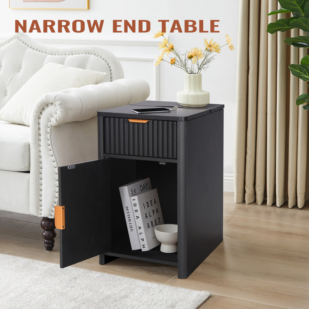 YOCWO Fluted Narrow Nightstand with Charging Station for Bedroom, Wood End Table with Drawer and Door for Living Room