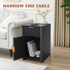 YOCWO Fluted Narrow Nightstand with Charging Station for Bedroom, Wood End Table with Drawer and Door for Living Room