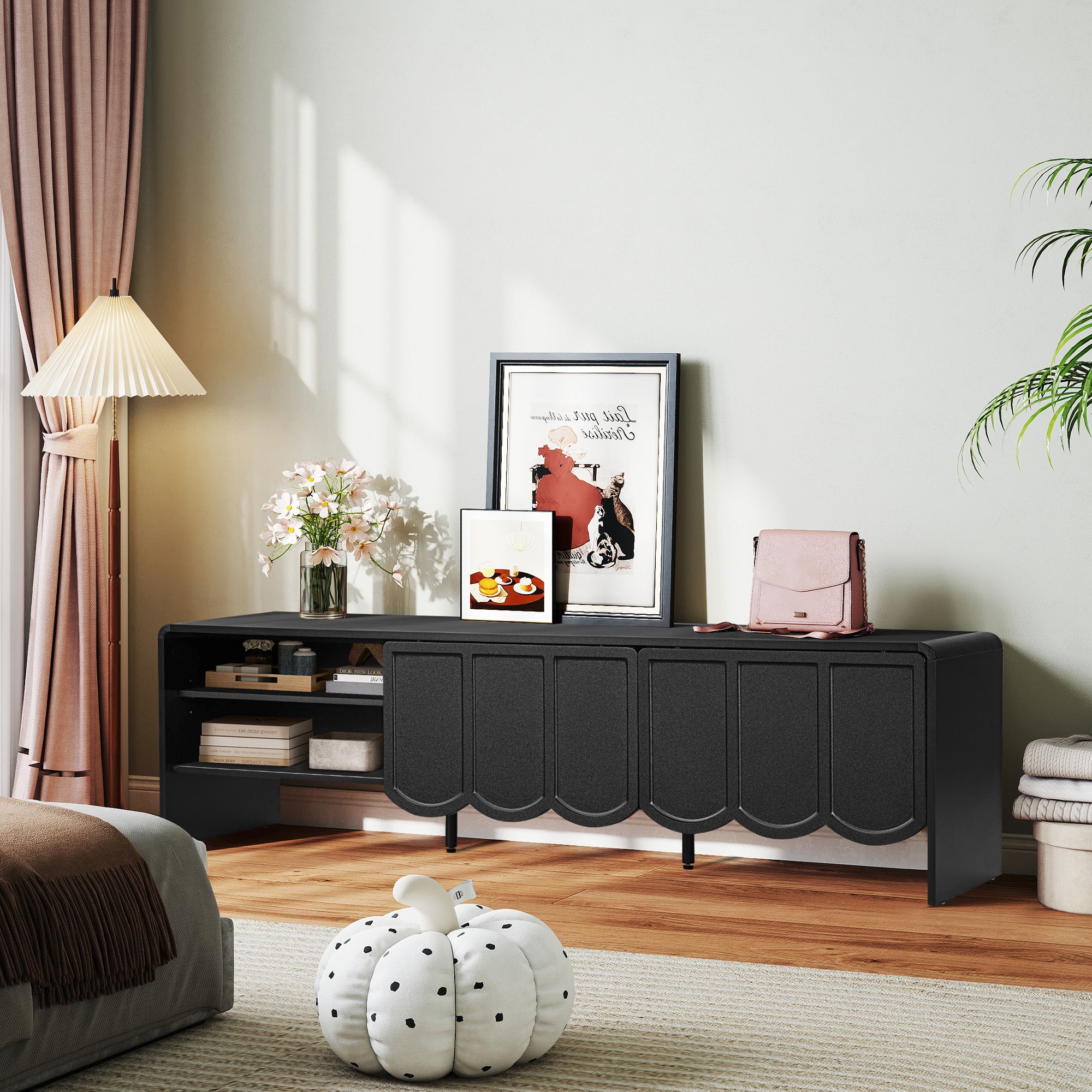 YOCWO TV Stands for 65 inch tv, TV Stand with Sliding Wave Doors, Wood Entertainment Center for TVs, Media Console Cabinet with Open Storage for Living Room