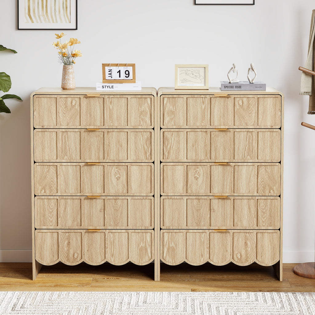 YOCWO 5 Drawer Dresser Set of 2 with Wave Panel, Mid Century Tall Storage Dresser Chest of Drawer for Bedroom